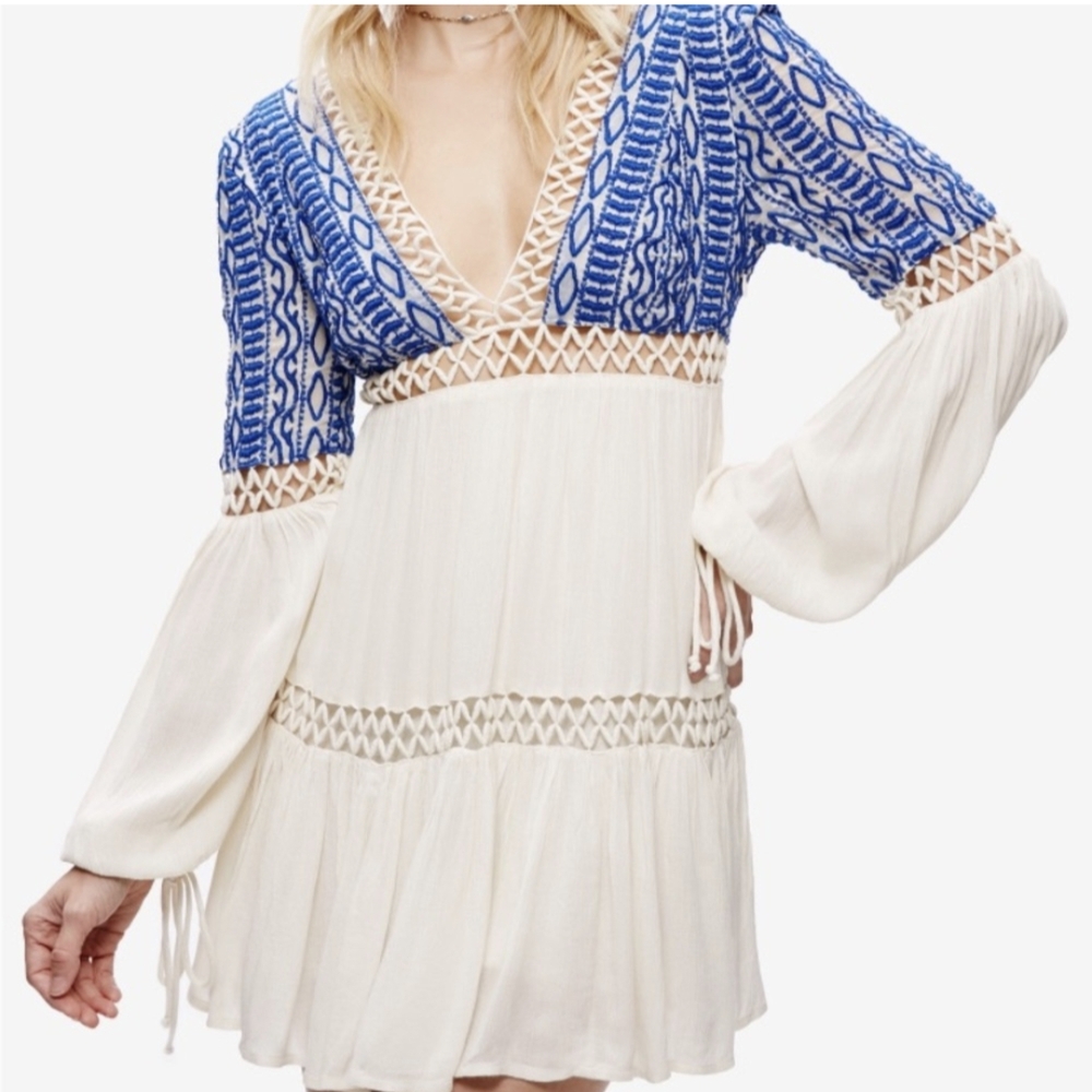 Free People Blue and Cream Women's Dress Coverup